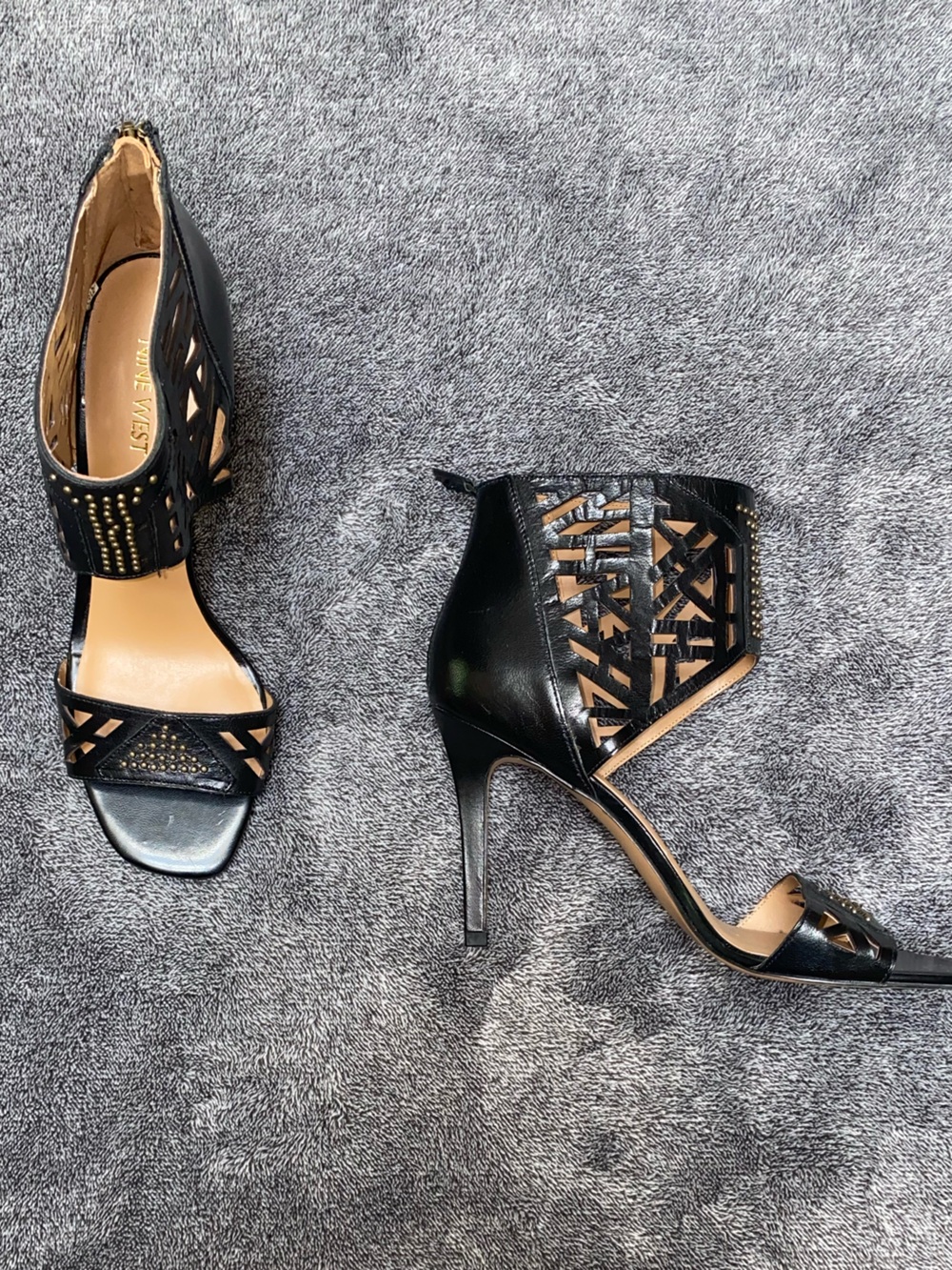 Nine West Karabee Black Leather Caged Cutout Ankle Strap Sandals Stiletto Size 8